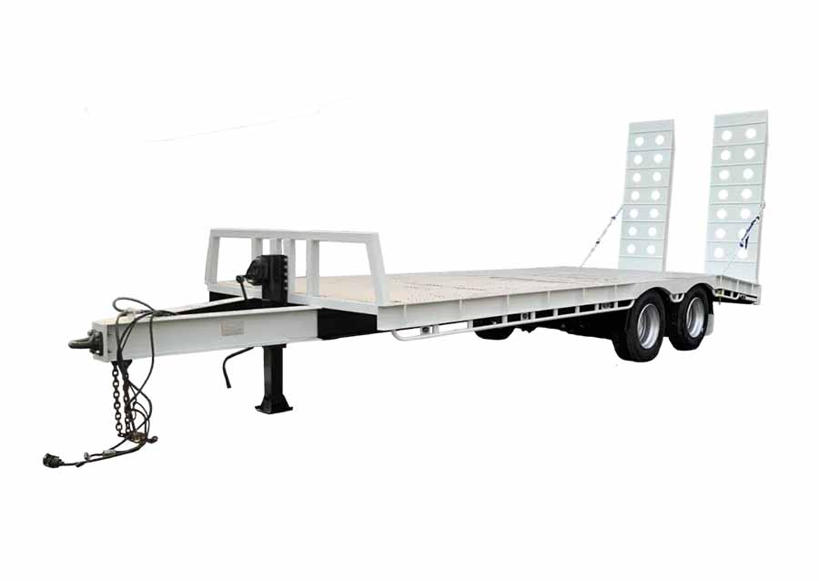 a white truck trailer, that has been detached from the truck, on a white background. There is nothing on the trailer